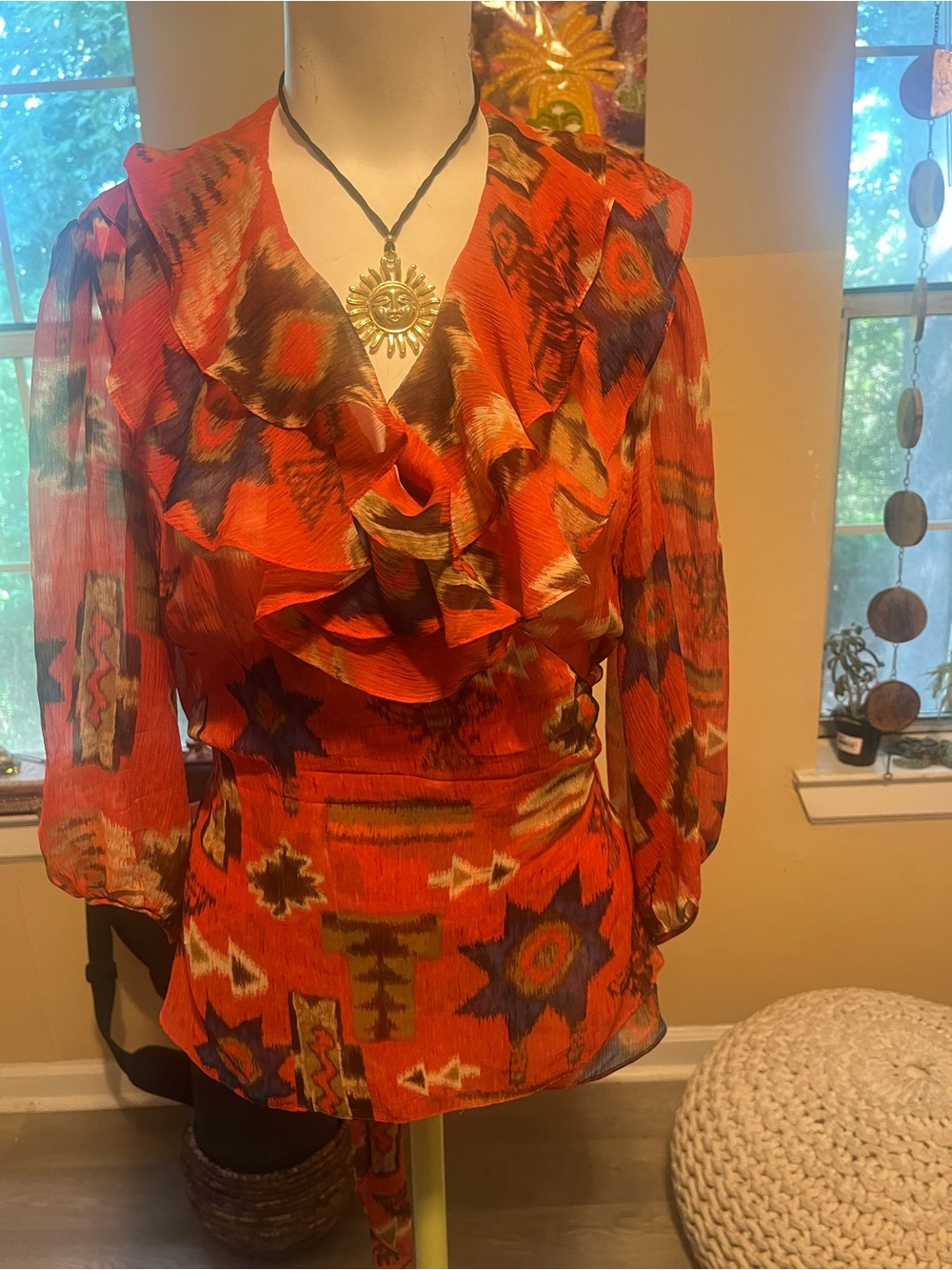 Lauren Ralph Lauren 100% Silk Women’s burnt orange Ruffle V-Neck Blouse Bohoglam